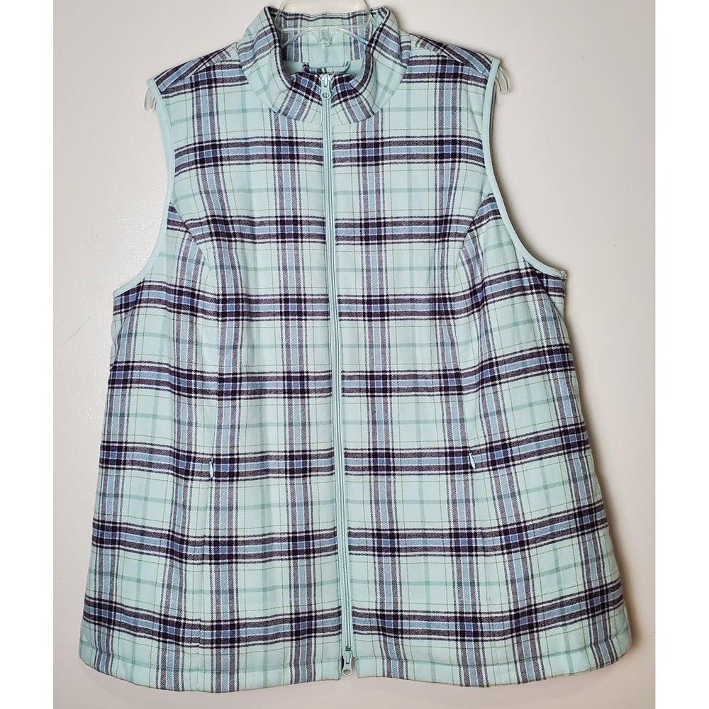J Jill Women's XL Plaid Flannel Fleece Lined Long Vest Full Zip Pastel Spring
